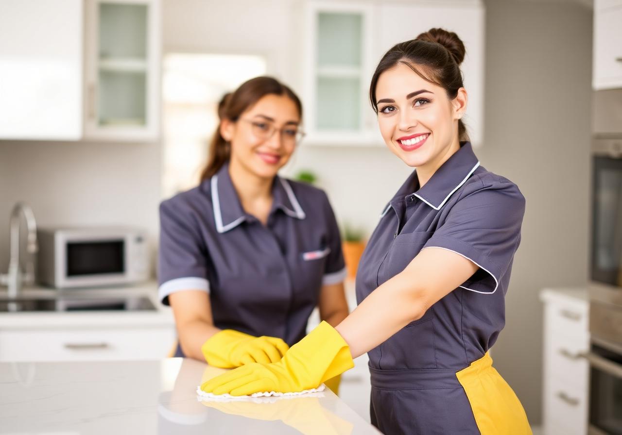 Professional cleaner wiping a kitchen counter
